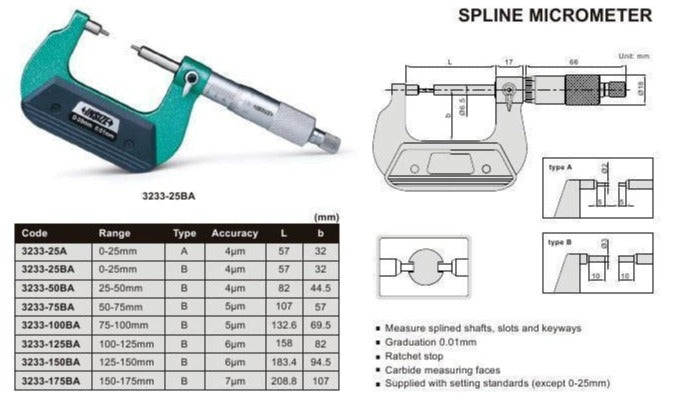 SPLINE MICROMETER - INSIZE 3233-25A 0-25mm