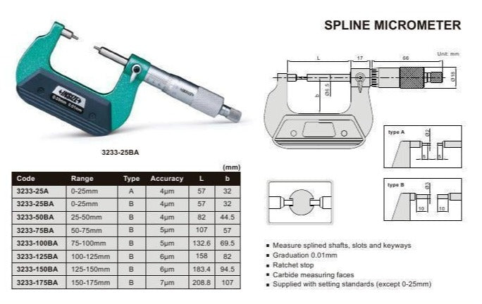 SPLINE MICROMETER - INSIZE 3233-50BA 25-50mm