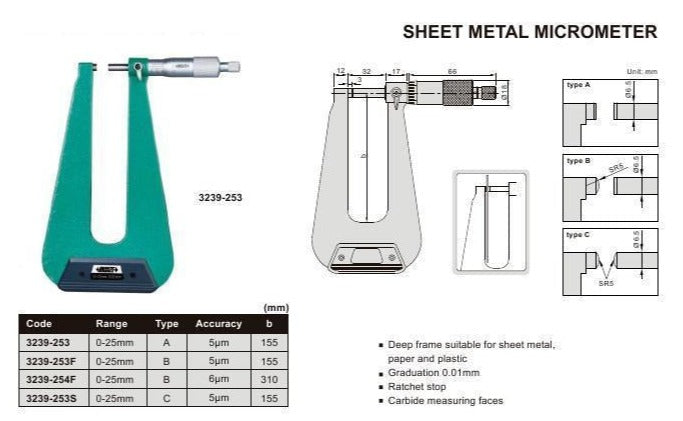 SHEET METAL MICROMETER - INSIZE 3239-253F 0-25mm