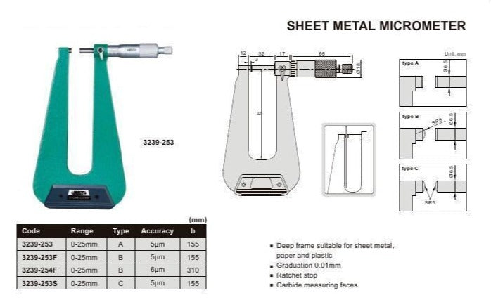 SHEET METAL MICROMETER - INSIZE 3239-253S 0-25mm