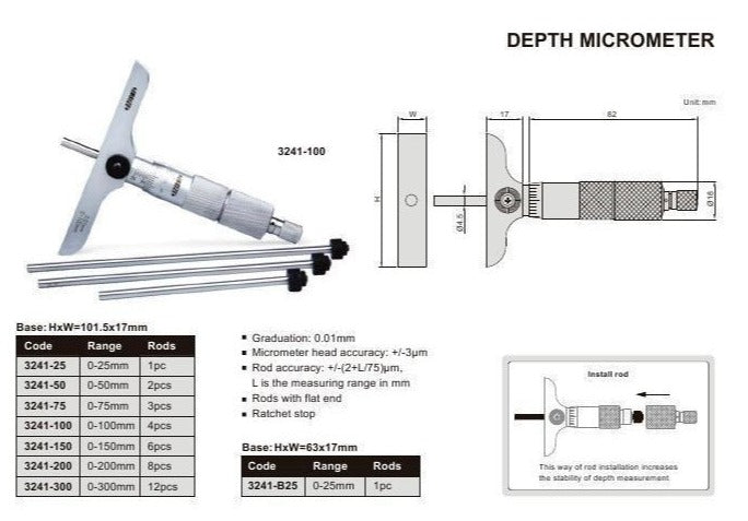 DEPTH MICROMETER - INSIZE 3241-B100 0-100mm