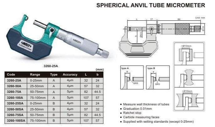 SPHERICAL ANVIL TUBE MICROMETER - INSIZE 3260-1S 0-1"