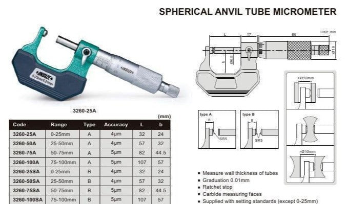 SPHERICAL ANVIL TUBE MICROMETER - INSIZE 3260-2 1-2"