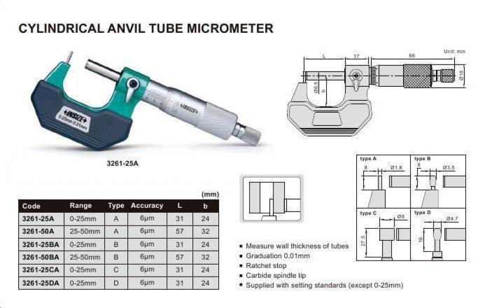 CYLINDRICAL ANVIL MICROMETER - INSIZE 3261-1B 0-1"