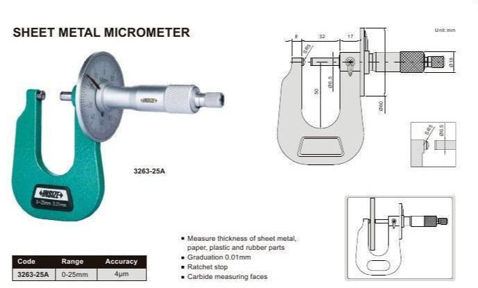 SHEET METAL MICROMETER - INSIZE 3263-1 0-1"