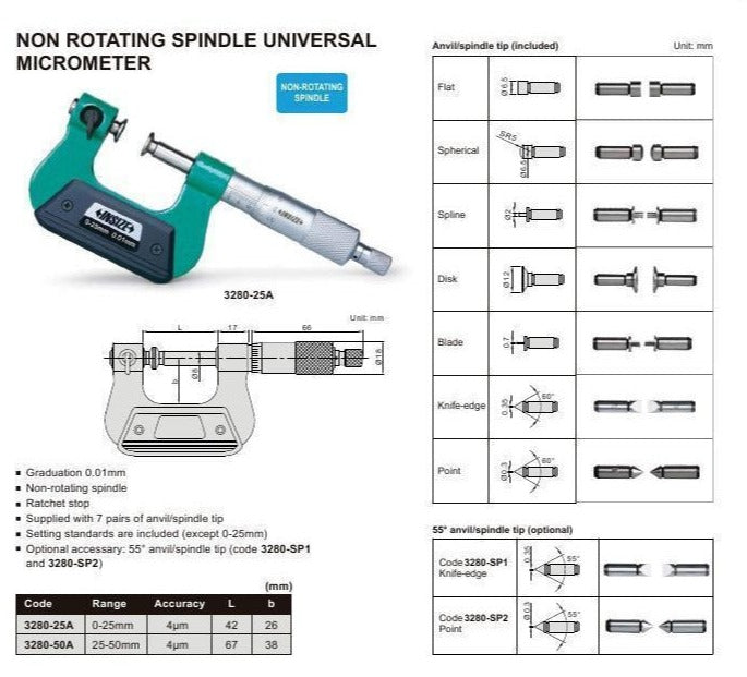 NON-ROTATING MICROMETER - INSIZE 3280-1 0-1"