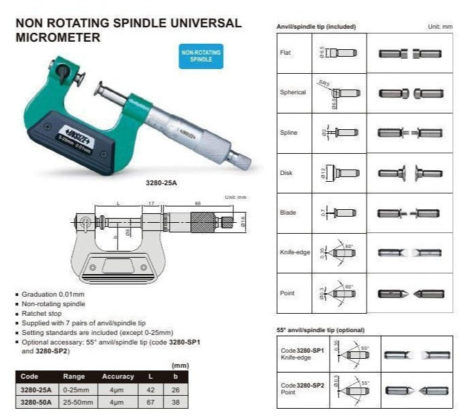 NON-ROTATING MICROMETER - INSIZE 3280-50A 25-50mm