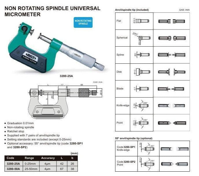 NON-ROTATING MICROMETER - INSIZE 3280-50A 25-50mm