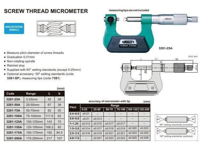 SCREW THREAD MICROMETER - INSIZE 3281-1 0-1"