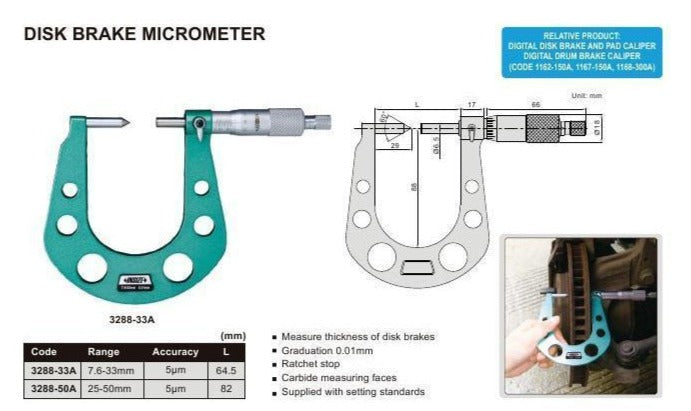 DISC BRAKE MICROMETER - INSIZE 3288-1 0.3-1.3"