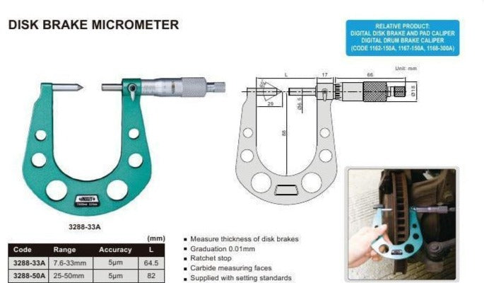 DISC BRAKE MICROMETER - INSIZE 3288-2 1-2"