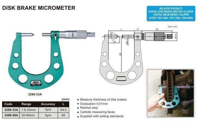 DISC BRAKE MICROMETER - INSIZE 3288-33A 7.6-33mm