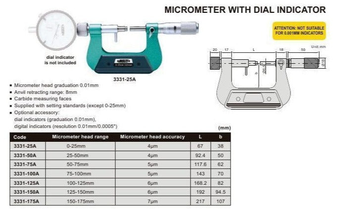 INDICATING MICROMETER - INSIZE 3331-25A 0-25mm