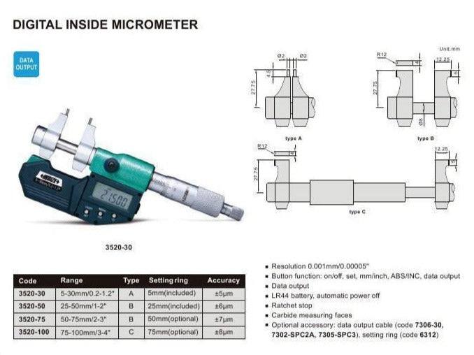 DIGITAL INSIDE MICROMETER - INSIZE 3520-30 5-30mm / 0.2-1.2"