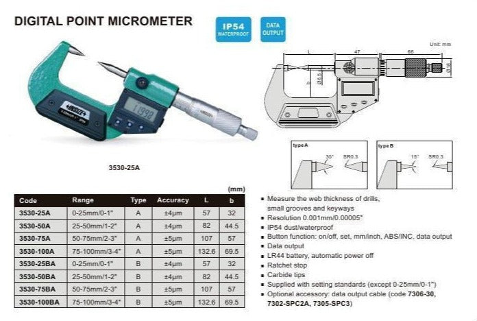 DIGITAL POINT MICROMETER | 0-25mm x 0.001mm | INSIZE 3530-25BA