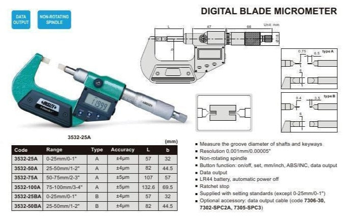 DIGITAL BLADE MICROMETER - INSIZE 3532-25A 0-25mm / 0-1"