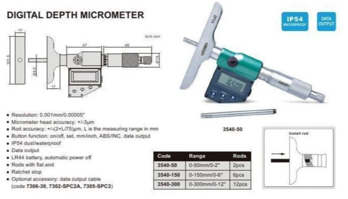 DIGITAL DEPTH MICROMETER - INSIZE 3540-50 0-50mm / 0-2"
