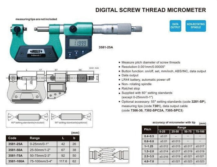 DIGITAL SCREW THREAD MICROMETER - INSIZE 3581-25A 0-25mm / 0-1"