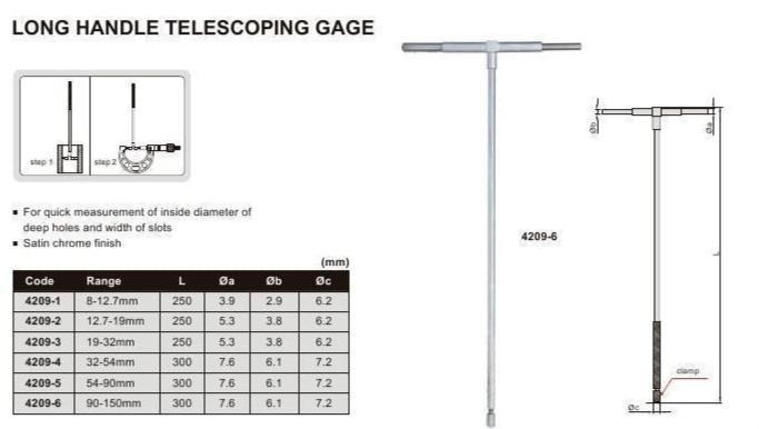 LONG HANDLE TELESCOPIC GAUGE - INSIZE 4209-6 90-150mm