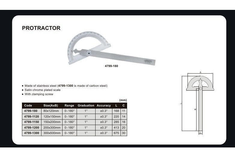 180 DEGREE PROTRACTOR - INSIZE 4799-1150 150X200mm