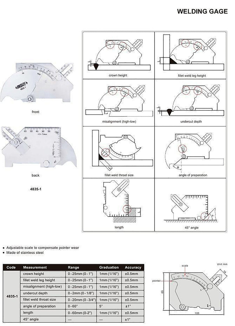 WELDING GAUGE | 0 - 25mm/1" x 0.5mm | INSIZE 4835-1