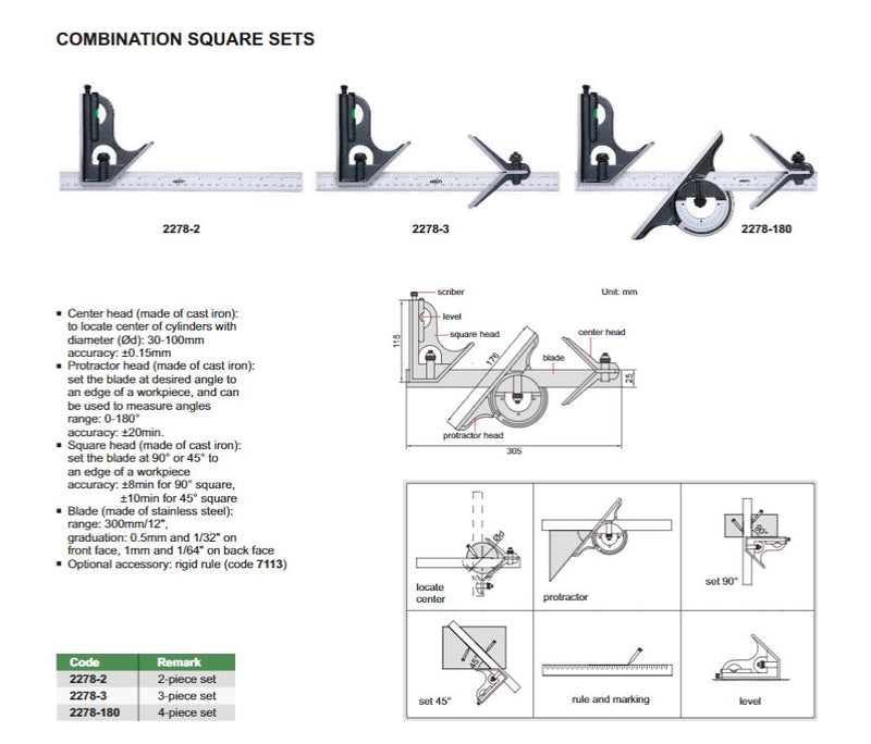 COMBINATION SQUARE SET - INSIZE 2278-180 | Wallers Industrial