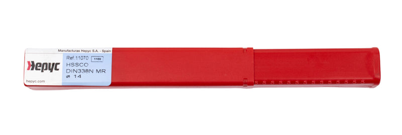 Image of the plastic box packaging for the 14mm HEPYC reduced shank cobalt drill, designed for safe storage and easy access to the tool.