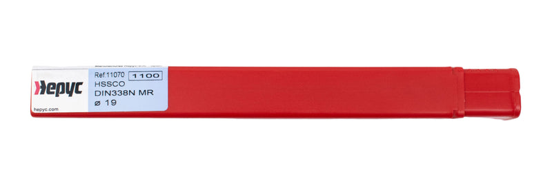 Image of the plastic box packaging for the 19mm HEPYC reduced shank cobalt drill, designed to securely store the tool and allow easy access when needed.