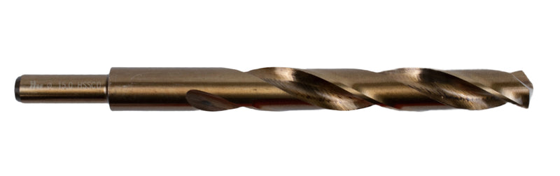 Side view of a 15mm HEPYC reduced shank cobalt drill showing the reduced shank for compatibility with smaller chucks and its durable cobalt construction for extended tool life.