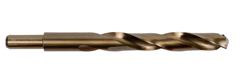 Side view of a 16mm HEPYC reduced shank cobalt drill showing the reduced shank design for compatibility with smaller chucks and its durable cobalt material for extended tool life.