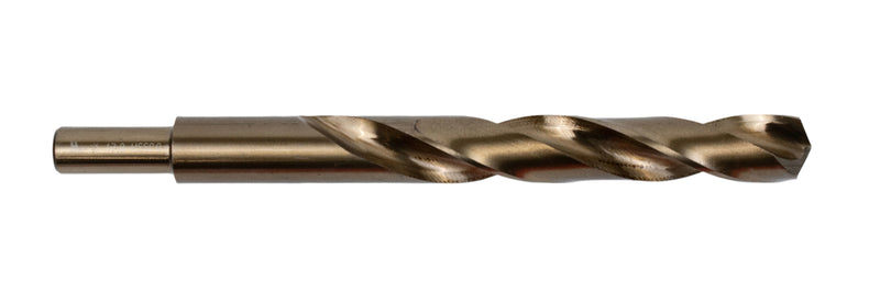 Side view of a 17mm HEPYC reduced shank cobalt drill showing the reduced shank design for compatibility with smaller chucks and its durable cobalt material for high-performance drilling.