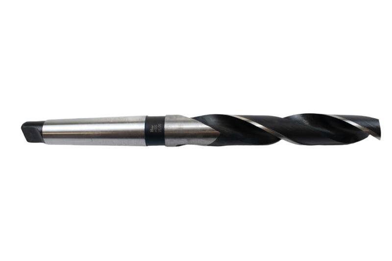 Side view of a 25mm HEPYC Morse taper drill showing the tapered shank and cylindrical body.