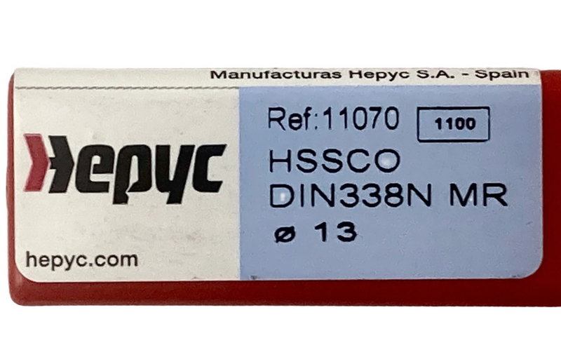 Close-up of the sticker on the packaging of the 13mm HEPYC reduced shank cobalt drill, displaying product information and branding details.