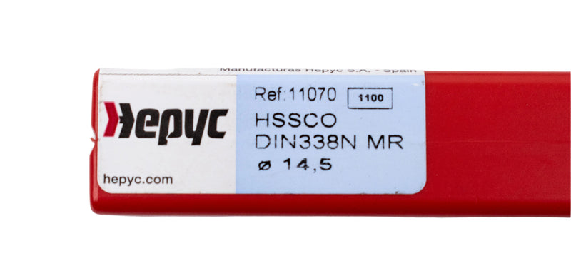 Close-up of the sticker on the packaging of the 14.5mm HEPYC reduced shank cobalt drill, showcasing product specifications and branding details.