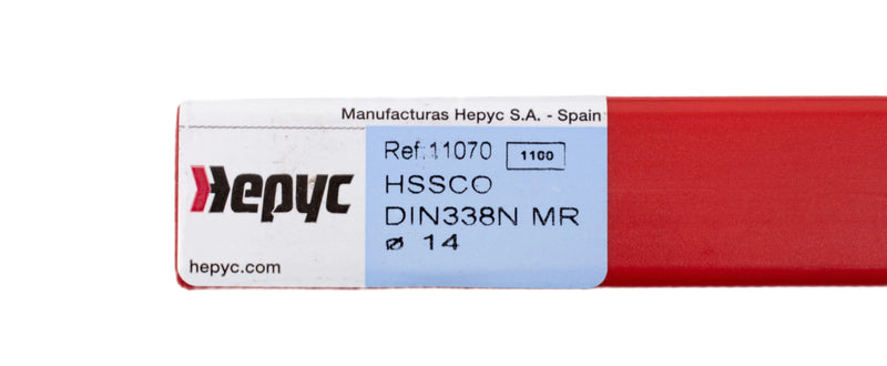 Close-up of the sticker on the packaging of the 14mm HEPYC reduced shank cobalt drill, showcasing product specifications and branding details.
