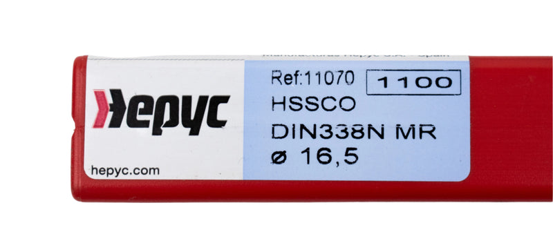 Close-up of the sticker on the packaging of the 16.5mm HEPYC reduced shank cobalt drill, showcasing product details, specifications, and branding.