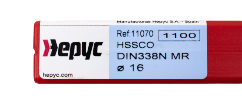 Close-up of the sticker on the packaging of the 16mm HEPYC reduced shank cobalt drill, displaying product specifications and branding information.
