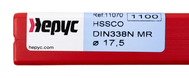 Close-up of the sticker on the packaging of the 17.5mm HEPYC reduced shank cobalt drill, displaying product information, specifications, and branding.