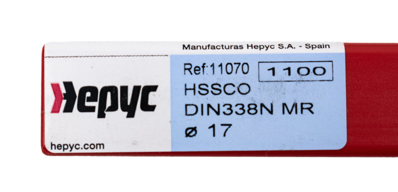 Close-up of the sticker on the packaging of the 17mm HEPYC reduced shank cobalt drill, displaying product details, specifications, and branding information.