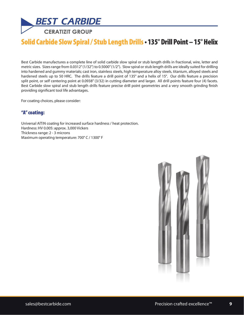 STUB LENGTH DRILL - Best Carbide 12.5mm (2 Flute, AlTiN coated)