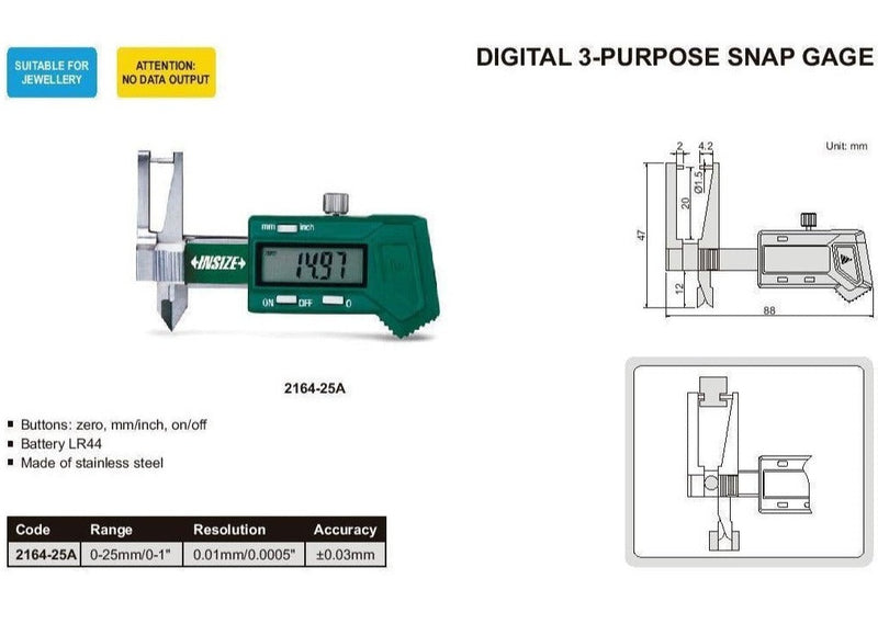 DIGITAL 3 PURPOSE SNAP GAUGE - INSIZE 2164-25A 0-25mm / 0-1"