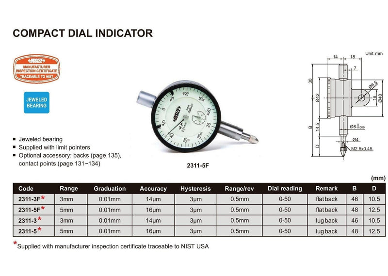 DIAL INDICATOR FLAT BACK 5MM - INSIZE 2311-5F