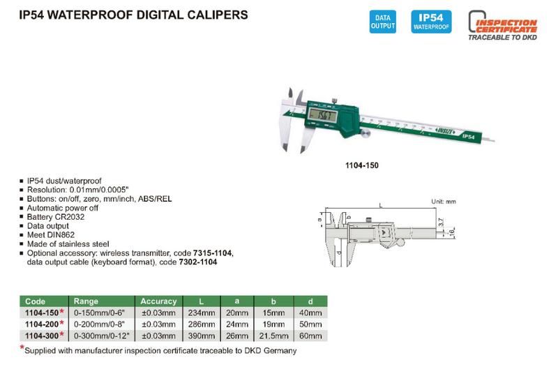 0-200MM/0-8" DIGITAL CALIPERS IP54 - 1104-200