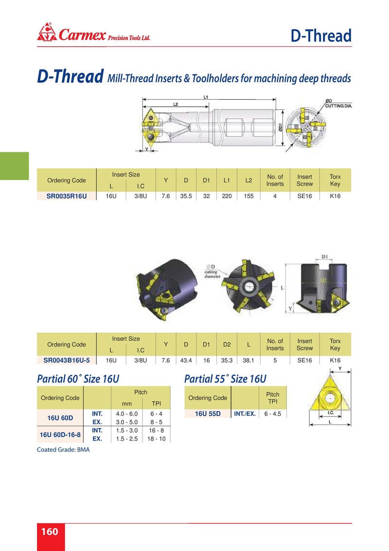 D-THREAD MILLING INSERTS | INT 4 - 6mm EXT 3 - 5mm | Carmex 16U 60D BMA