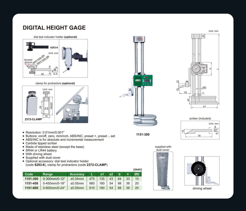 DIGITAL HEIGHT GAUGE - INSIZE 1151-600 0-600mm / 0-24"