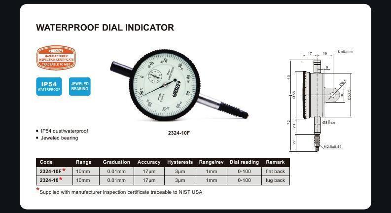 WATERPROOF DIAL INDICATOR - INSIZE 2324-10 10mm