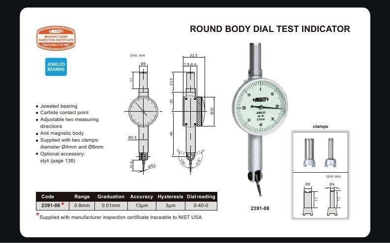 ROUND BODY DIAL TEST INDICATOR | 0 - 0.8mm x 0.01mm | INSIZE 2391-08