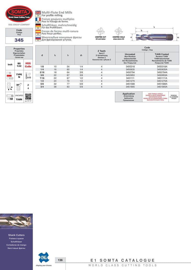 Wallers Industrial Hardware  SOMTA - HSS-Co MULTI FLUTE ENDMILL 3/16" (UNCOATED, SHORT SERIES)